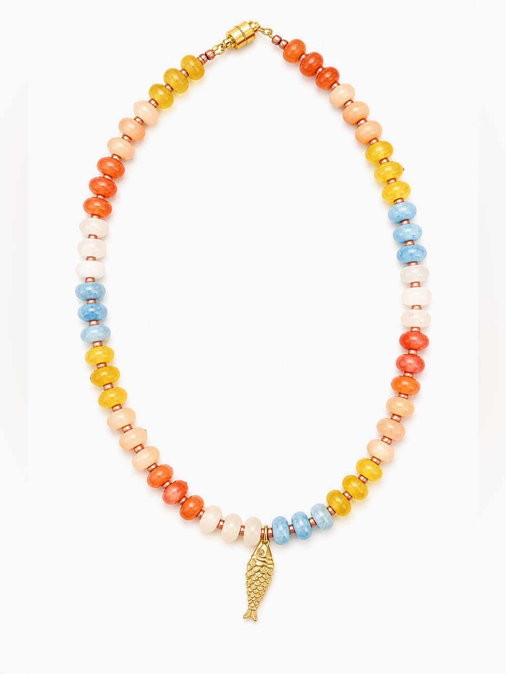 Colorful Stone Beaded Necklace 16" Magnetic Clasp Gold Fish Charm Boho Coastal